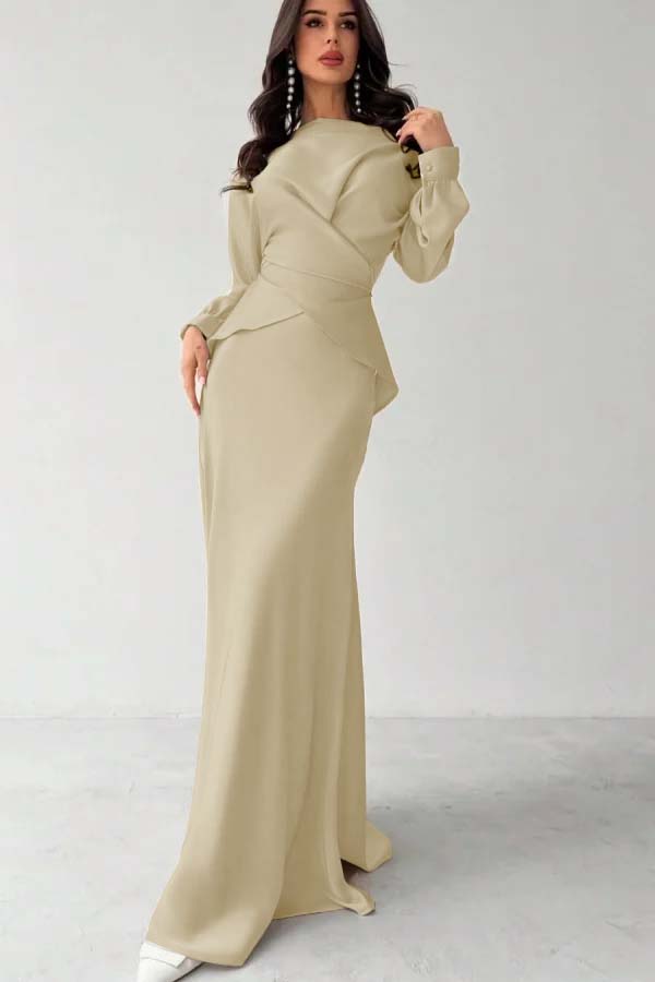 Glamorous Champagne Satin Long Sleeves Jewel Neck Slim Prom Dress