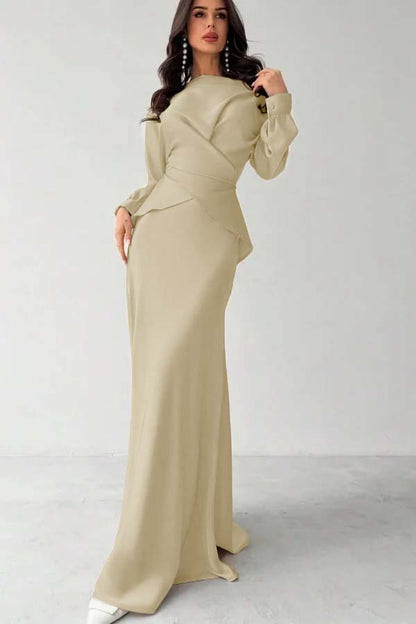 Glamorous Champagne Satin Long Sleeves Jewel Neck Slim Prom Dress