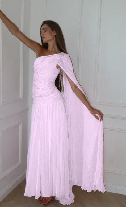 Blushing Pink One Shoulder Sheath Evening Dress With Beadings