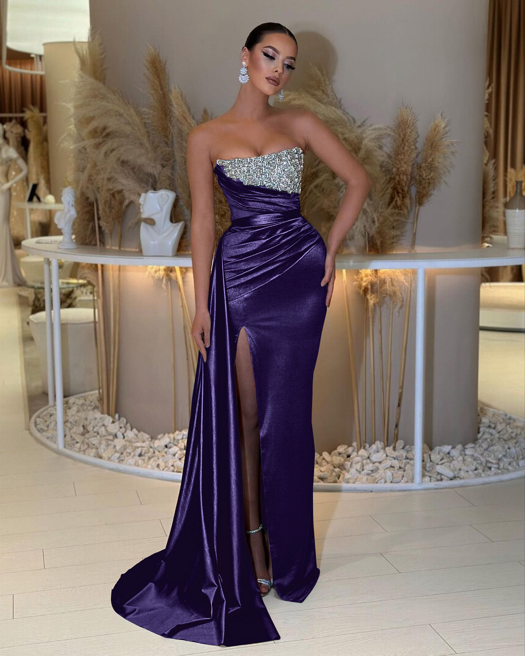 Strapless Beading Sleeveless Slit Prom Dress with Ruffle