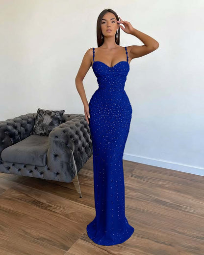 Chic Sleeveless Mermaid Beading Spaghetti Strap Black Prom Dress