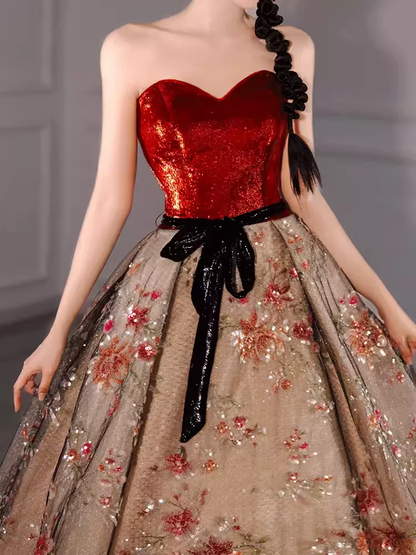 Ball Gown Strapless Burgundy Sequin Long Evening Dress Prom Dress  fg8580