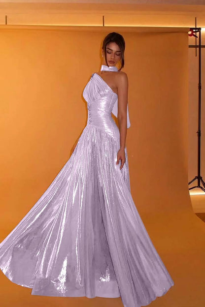 Charming One Shoulder Sleeveless Beaded Pleated Eevening Dress with Scarf