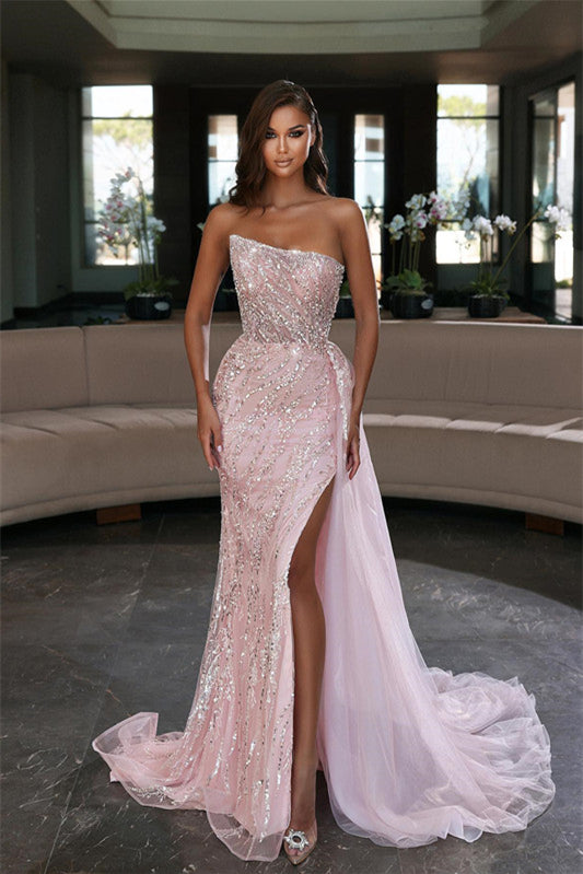 Pink Glamorous Strapless Mermaid Evening Dress With Beadings Slit Ruffles