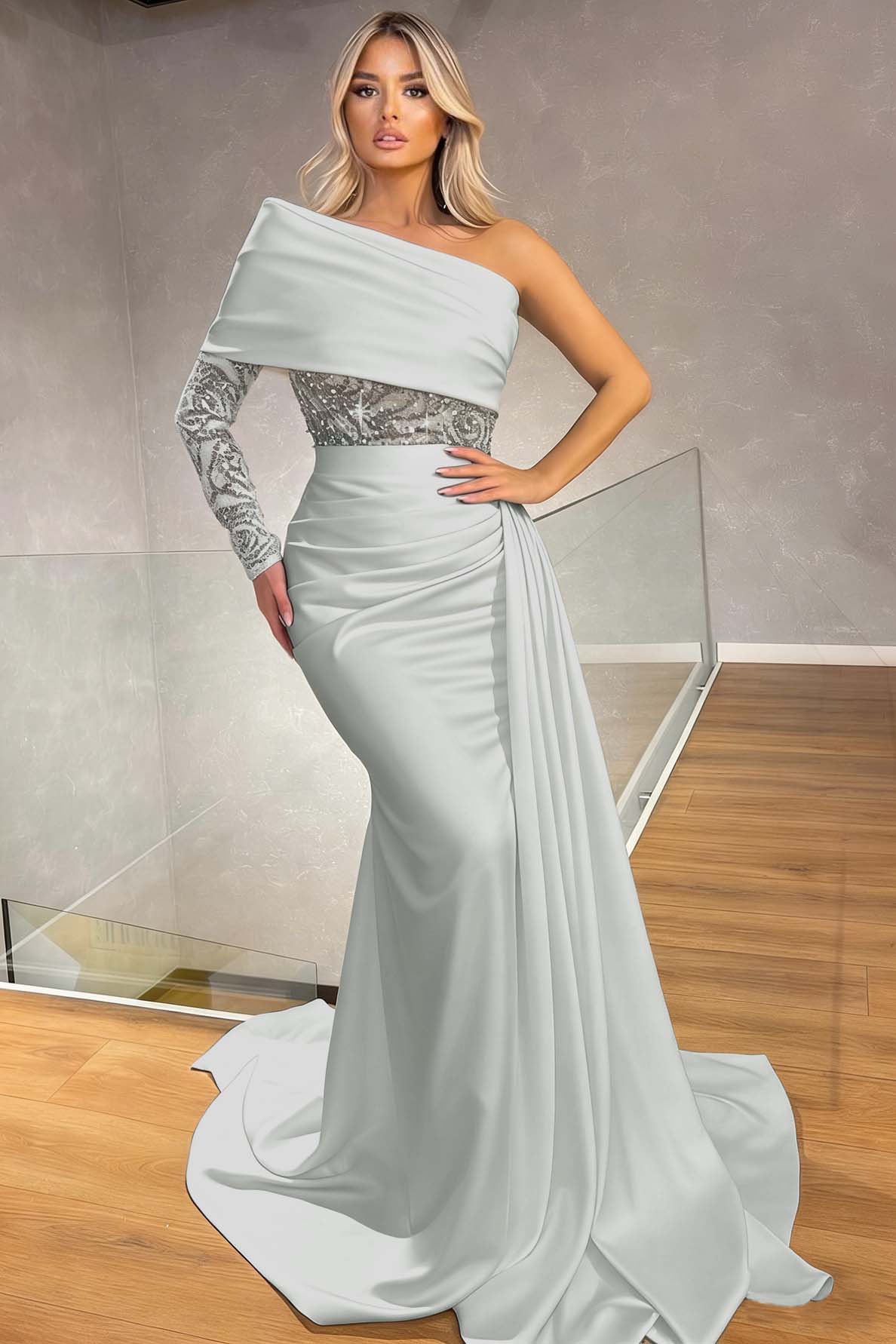 Sexy One Shoulder Long Sleeve Mermaid Evening Dress With Ruffles Sequins