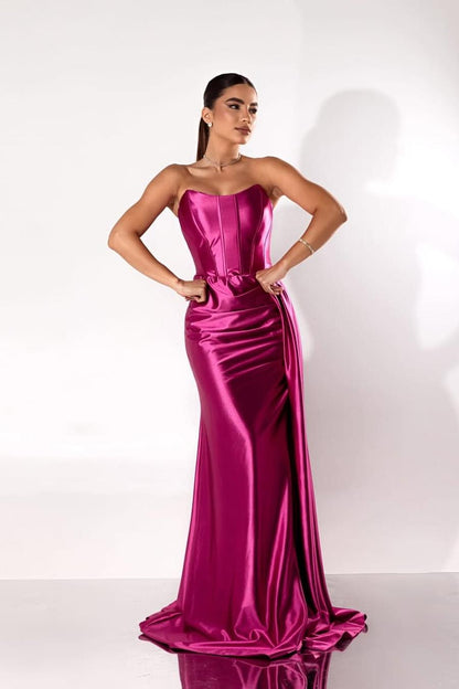 Beautiful Burgundy Satin Sleeveless Strapless Long Pleated Prom Dress with Split