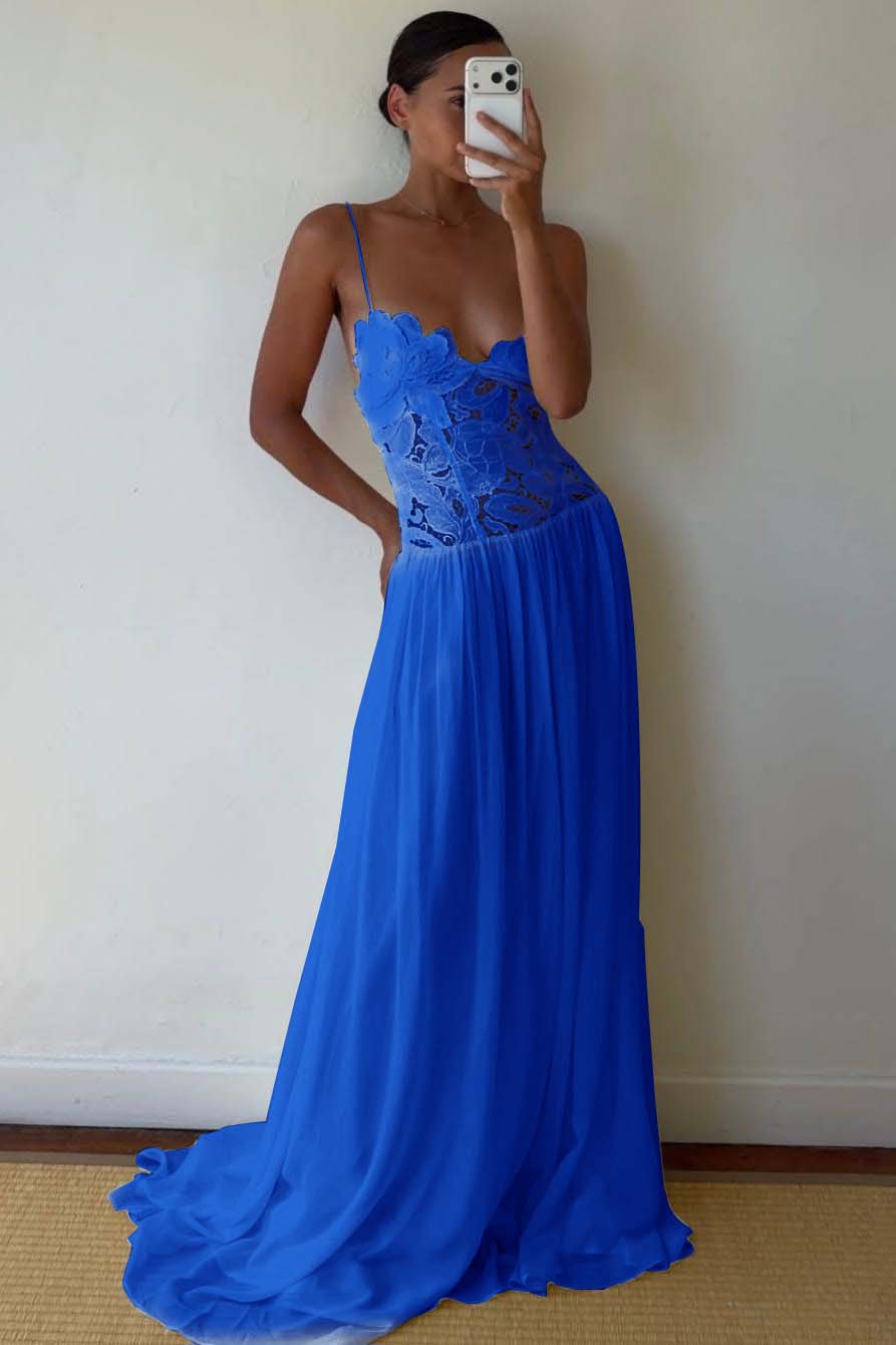 Lace And Chiffon V-Neck Spaghetti Straps Long A-Line Evening Dress With Pleated