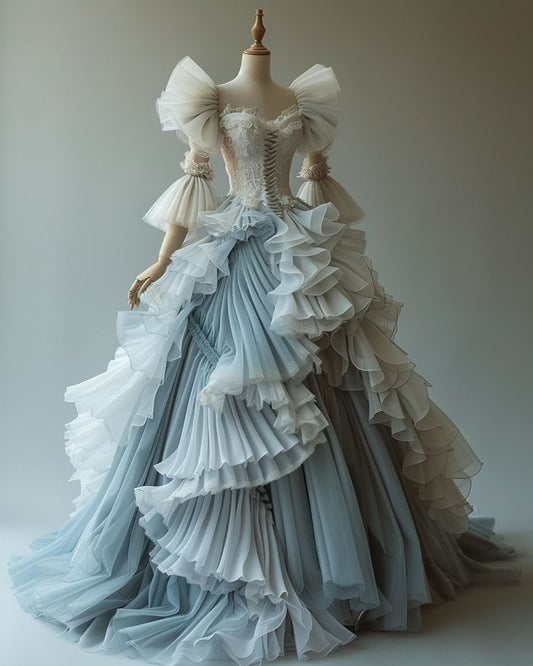 Luxurious A Line Long Sleeve Ruffle Blue White Tulle Prom Dress Evening Dress SH2409