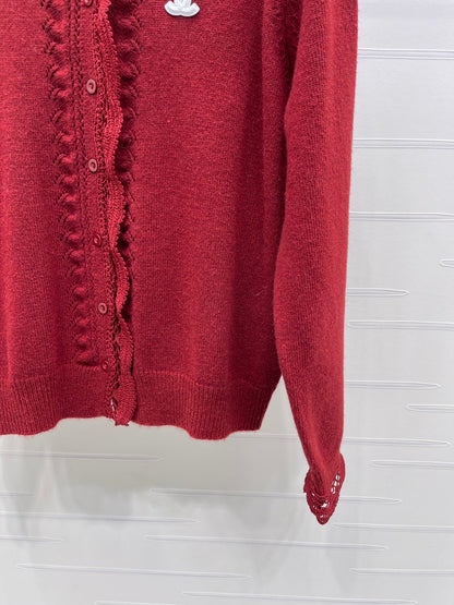 CC 26 Lace-Trimmed Knit Cardigan Red Wool 340992