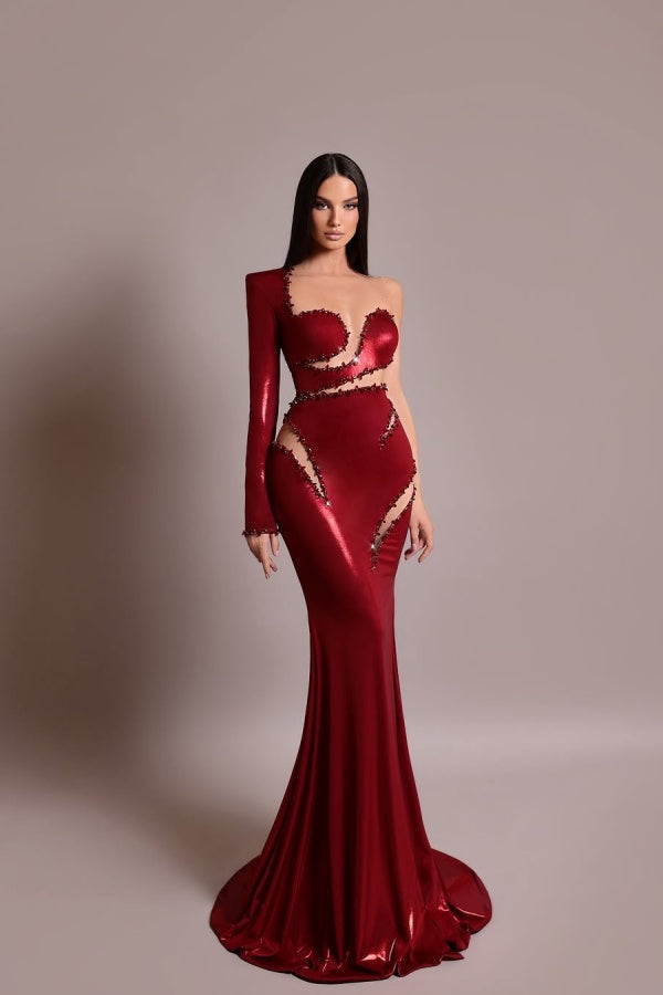 Red One Shoulder Long Prom Dress Mermaid with Sequins
