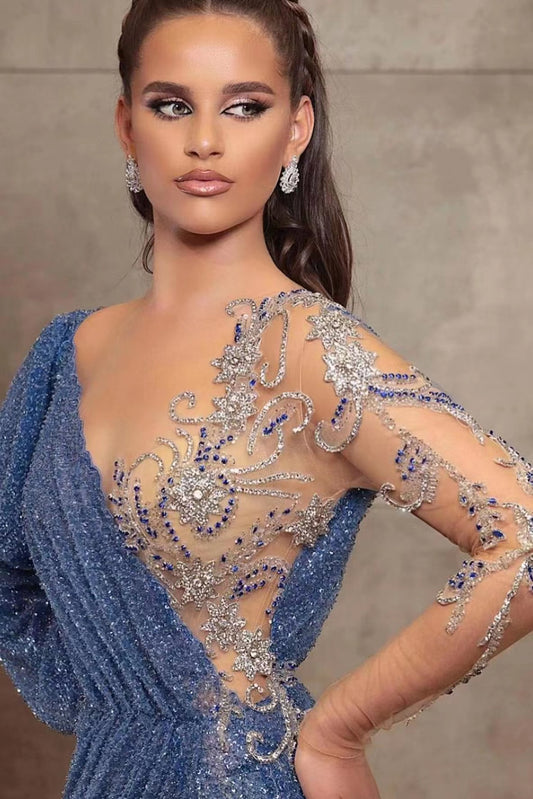 Amazing V-Neck Long Sleeves Mermaid Evening Dress With Sequins Beads