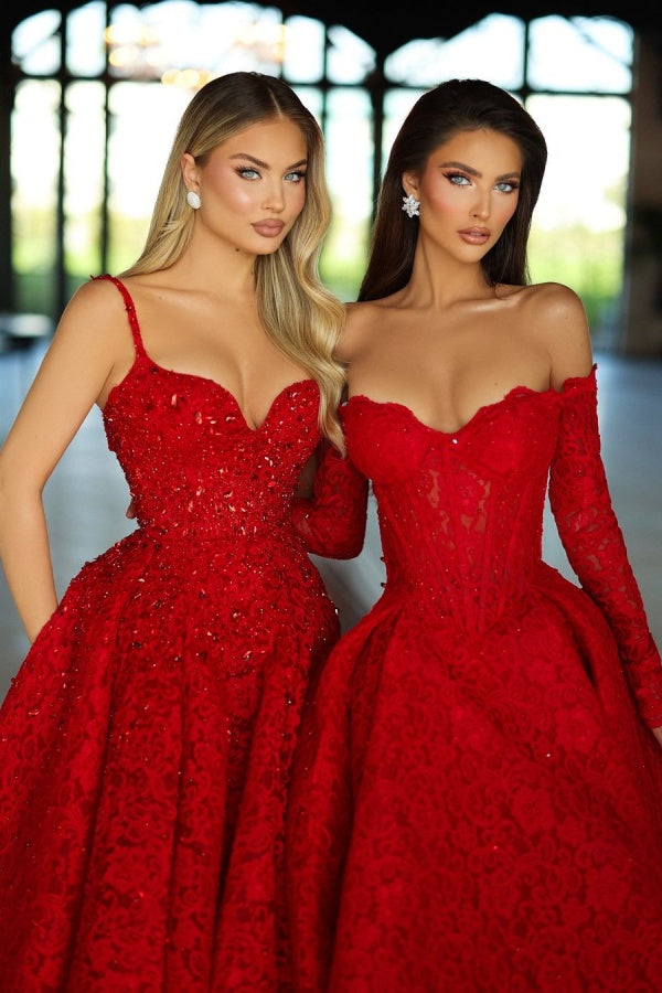 Red Strapless A-Line Beads Prom Dress Long Sleeves with Lace Appliques