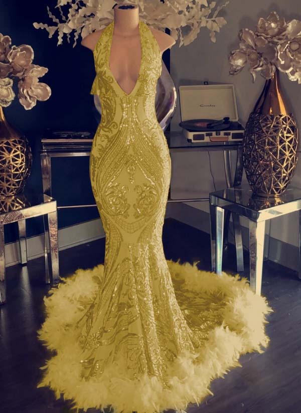 Mermaid Sequins Halter Prom Dress Open Back