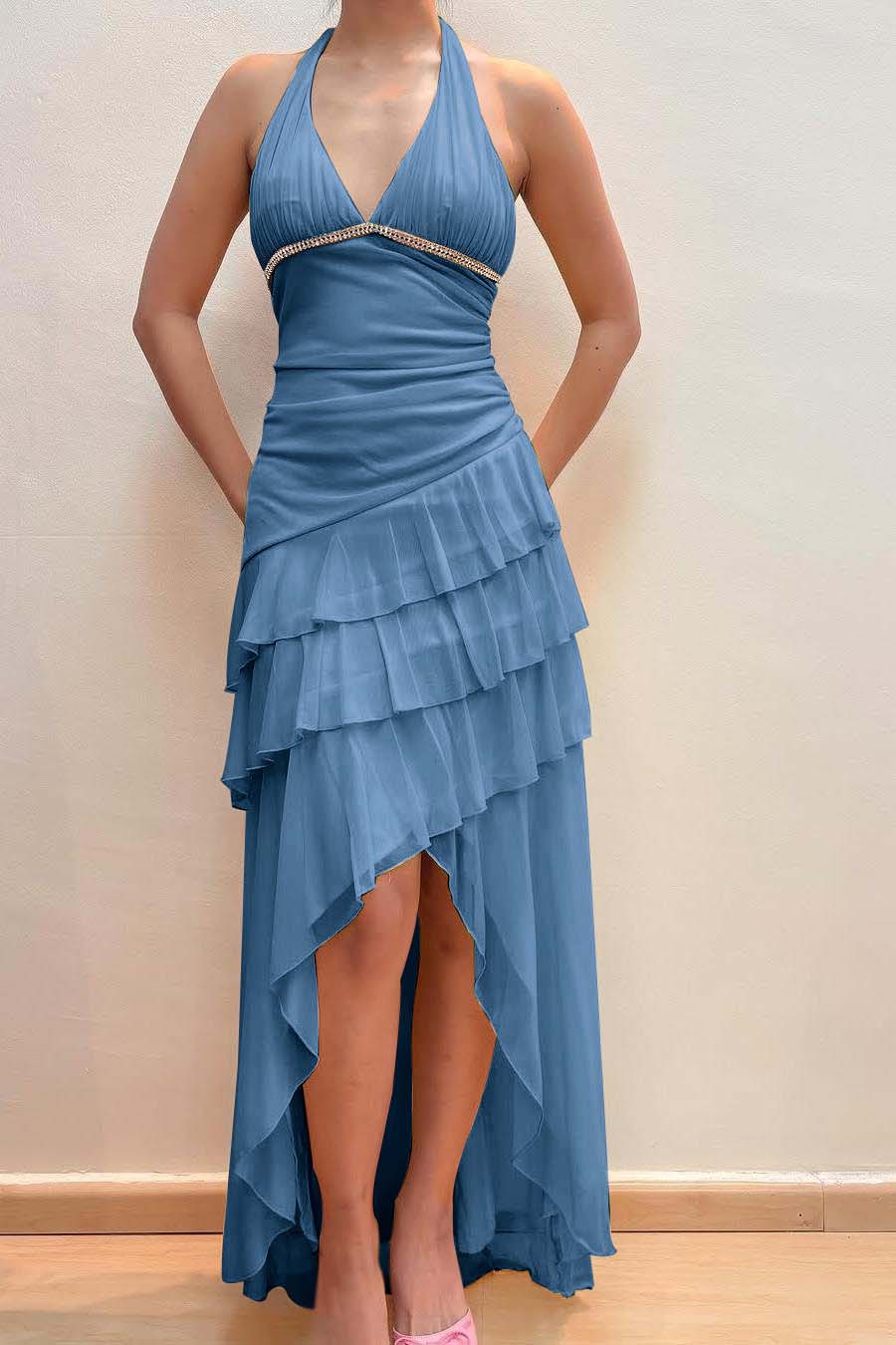 Halter V-Neck Sleeveless Long Evening Dress With Pleated Beading