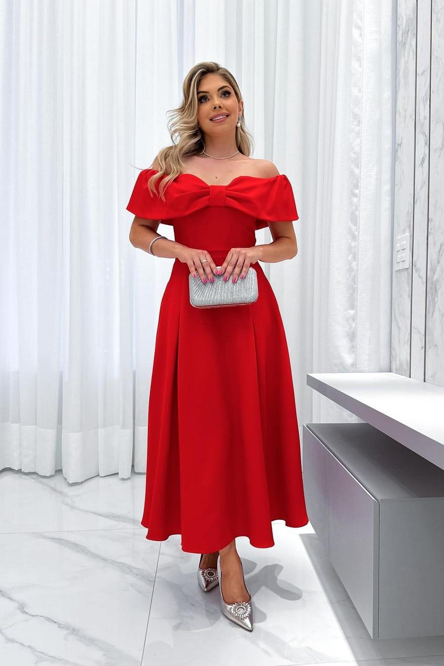 Stunning Red Satin Off the Shoulder Strapless A Line Prom Dress with Pleated