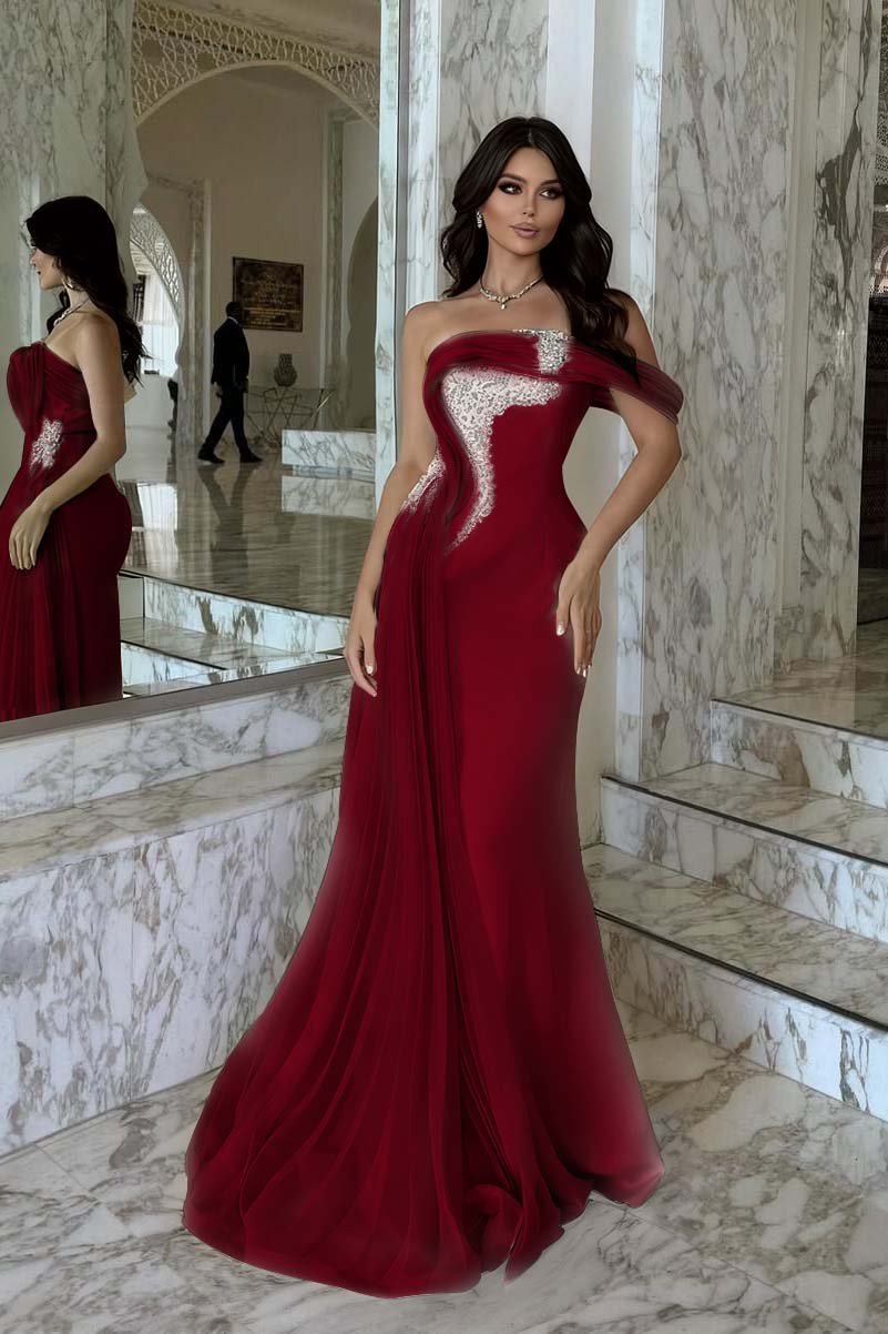 Elegant Pink Satin One Shoulder Beaded Strapless Prom Dress with Train
