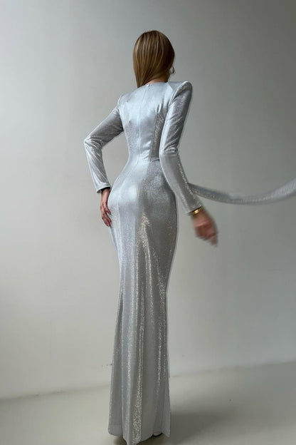 Sliver Stuning Long Prom Dress Mermaid Long Sleeves