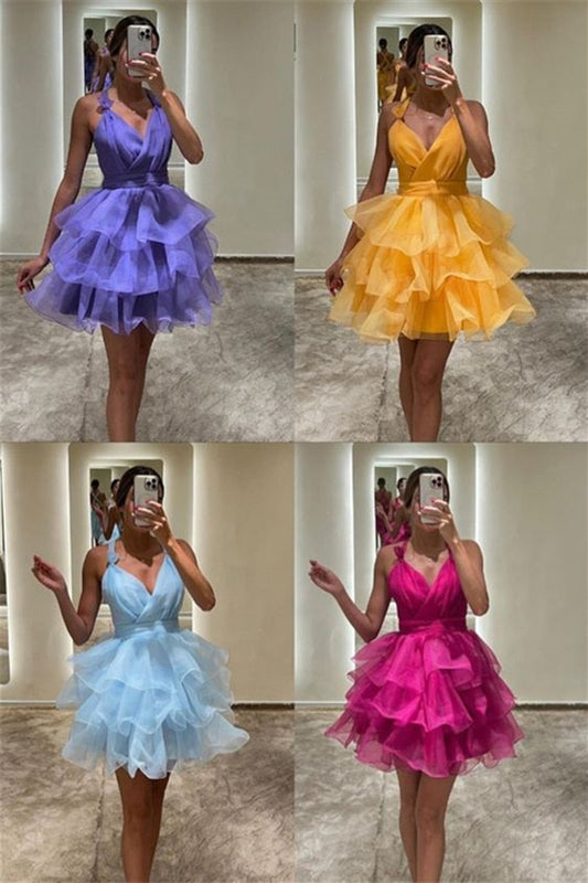 Purple Short Prom Dresses A Line Tiered V-Neck Homecoming Dress