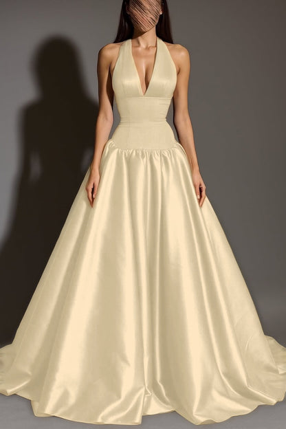 Sexy Sleeveless Halter Straps A-Line Deep V-Neck Long Prom Dress
