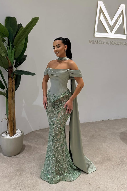 Off Shoulder Beads Mermaid Square Prom Dress With Scarf