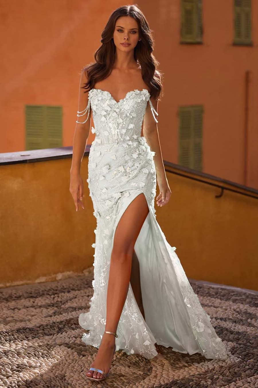 Sleeveless Spaghetti Straps Sequins Prom Dress With Handmade Flower