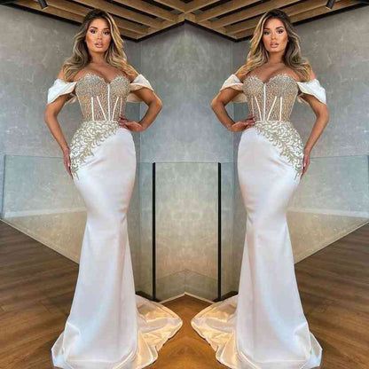White Sweetheart Mermaid Evening Dress With Appliques