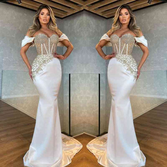 White Sweetheart Mermaid Evening Dress With Appliques