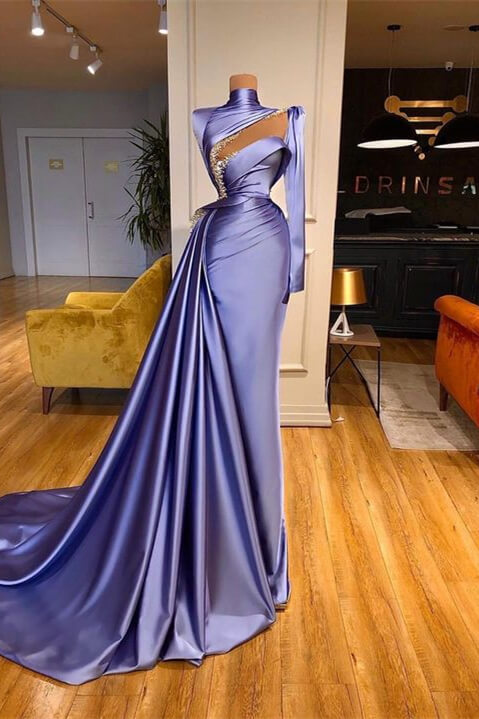 High Neck Long Sleeves Mermaid Prom Dress Beadings With Ruffles