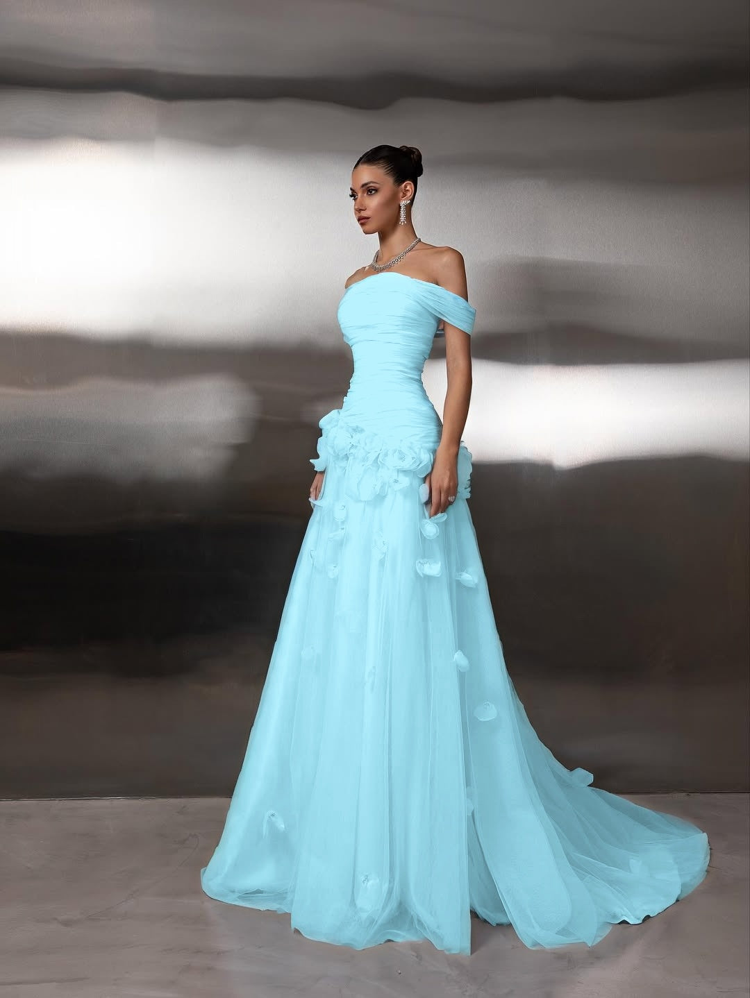Off Shoulder Sleeveless A-Line Handmade Flower Prom Dress