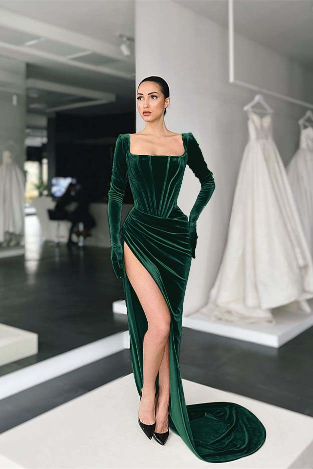 Square Long Sleeves Prom Dress With Slit