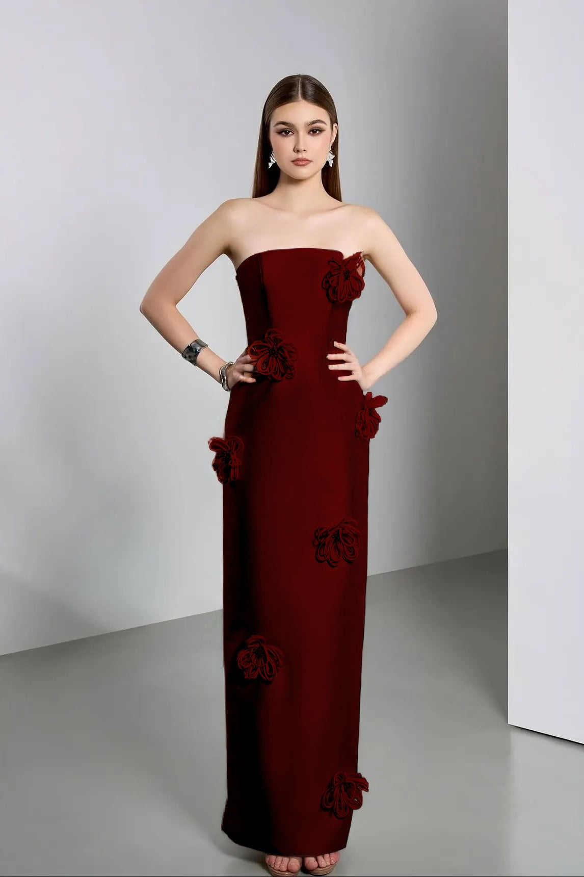 Elegant Ivory Strapless Evening Dress Column Floor Length in Satin with Flower