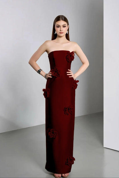 Elegant Ivory Strapless Evening Dress Column Floor Length in Satin with Flower