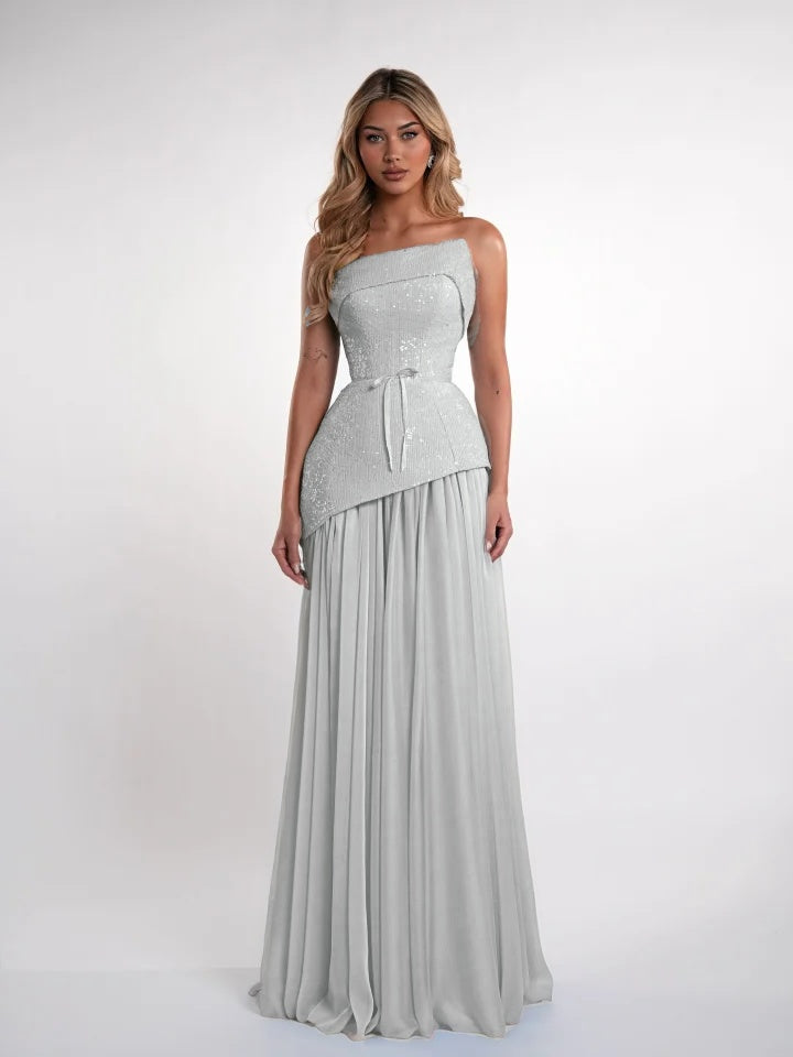 Charming Blue Straight Across Sleeveless Sequins Pleated Evening Dress