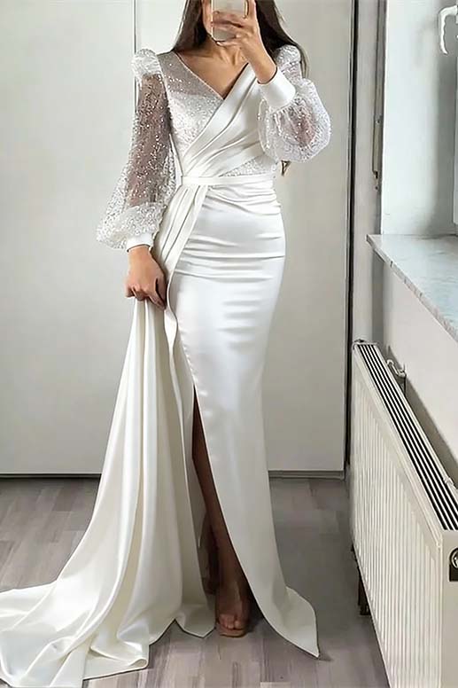 V-Neck Long Sleeves Sequins Mermaid Split Evening Dress With Ruffle