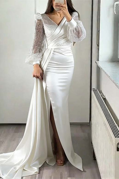 V-Neck Long Sleeves Sequins Mermaid Split Evening Dress With Ruffle