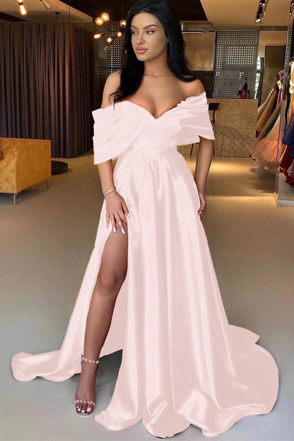 Red A Line Off The Shoulder Prom Dress Split