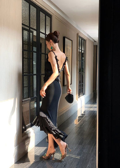 Sexy Black Mermaid Spaghetti Strap Layered Chiffon Formal Gown Evening Dress SH3943
