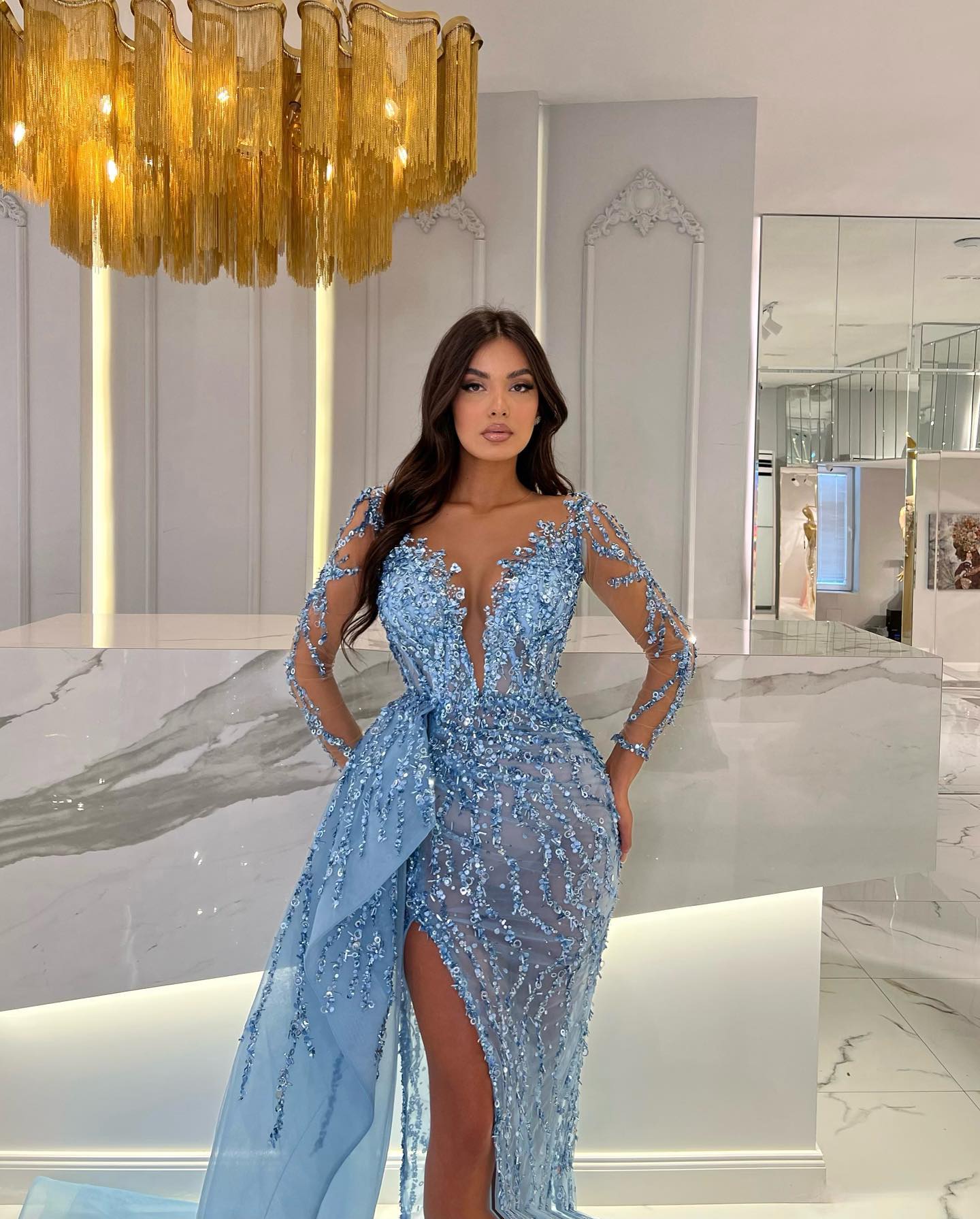 Shiny Blue Slit Mermaid Beaded Prom Dress Appliques Tulle With Long Sleeves