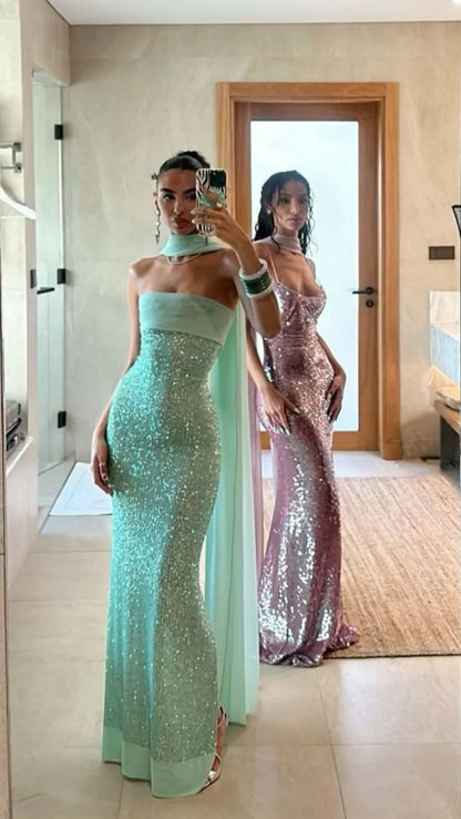 Shiny Green Sheath Strapless Sequin Chiffon Long Prom Dress Evening Dress SH4621