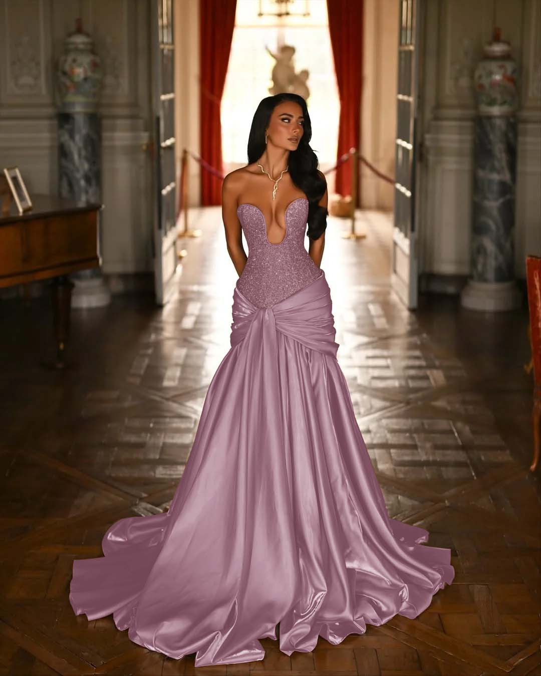 Sexy Sleeveless Deep V-Neck Strapless Long Prom Dress With Beaded Embroidery