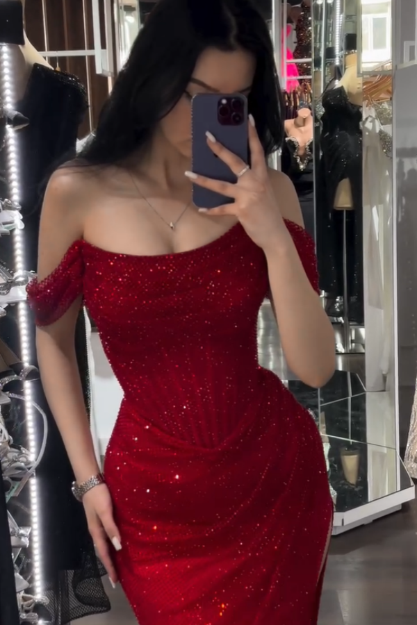 Charming Red Sparkling Off-The-Shoulder Slit Strapless Prom Dress
