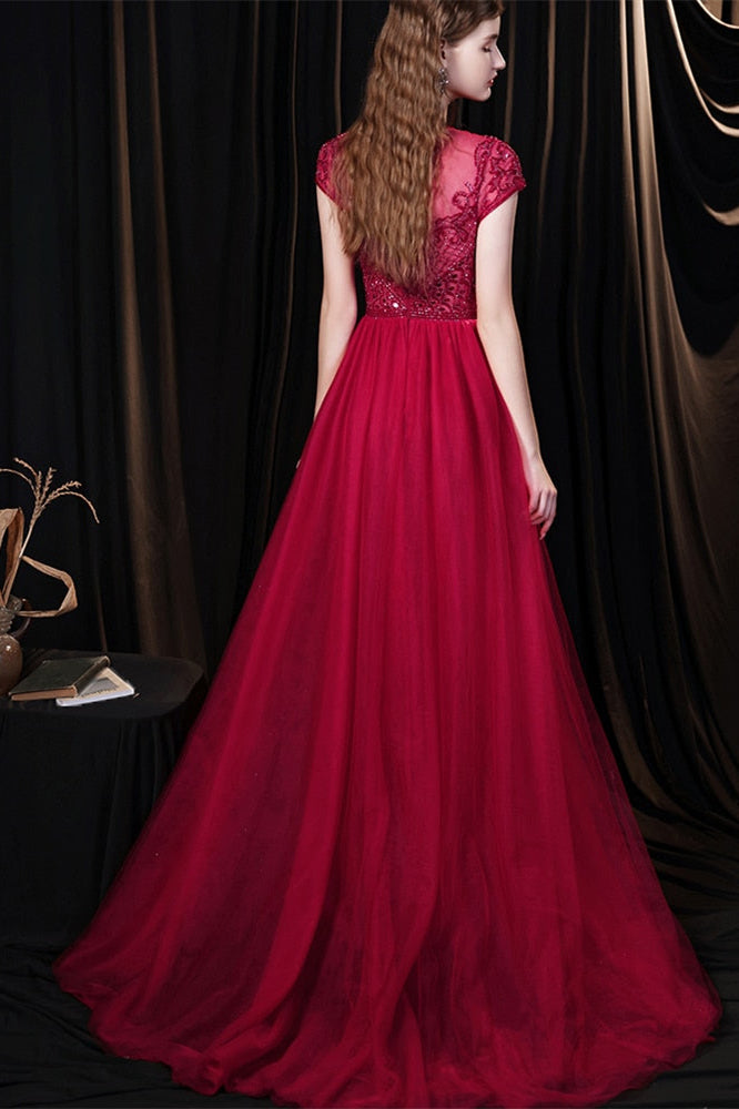Burgundy Mermaid Evening Dress Tulle Overskirt With Short Sleeves Beadings Online