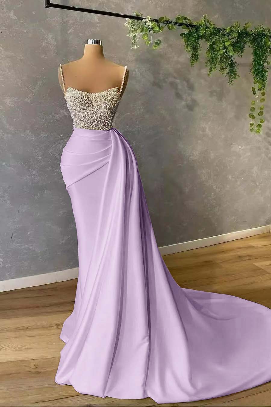 Gorgeous Spaghetti-Straps Pearl Mermaid Evening Dress With Sequins Pleated