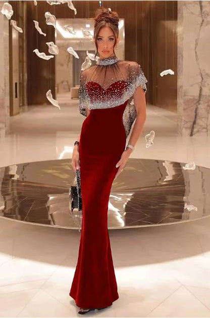 Shinning Black Satin Sweetheart Beaded Sleeveless Mermaid Prom Dress with Shawl
