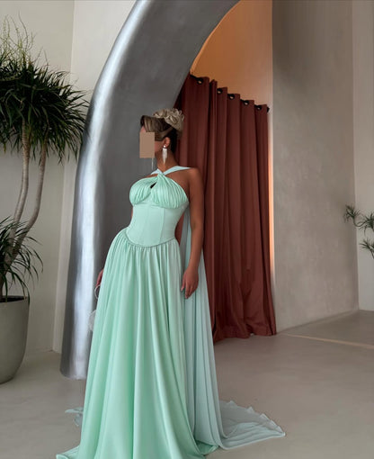 Elegant Sleeveless Halter Straps Prom Dress With Pleated