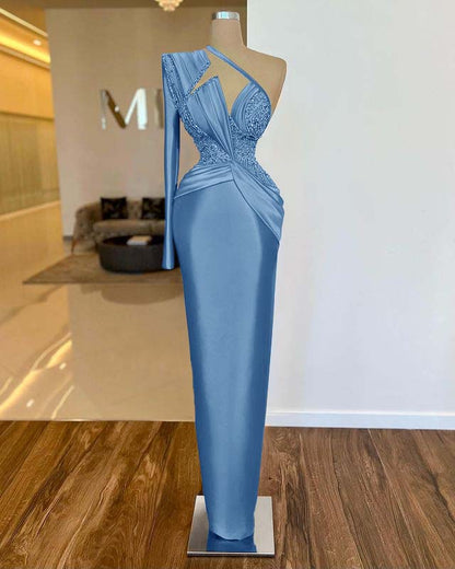 Noble Fuchsia One Shoulder Long Sleeve  Mermaid Evening  Dress With Beads