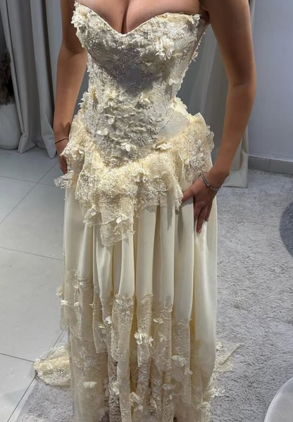 Yellow A Line Sweetheart Neck Long Prom Dress Evening Dress With Applique fg8222