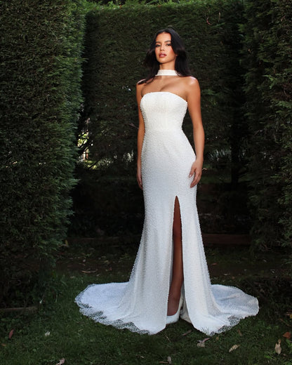 White Sleeveless Strapless Square Mermaid Prom Dress With Split