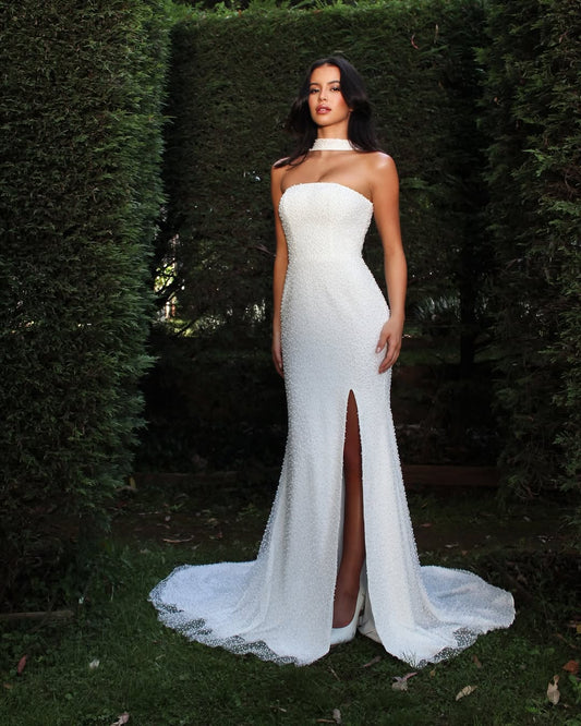 White Sleeveless Strapless Square Mermaid Prom Dress With Split