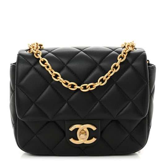 Lambskin Enamel Pearl Quilted Mini Charm Me Square Flap Black